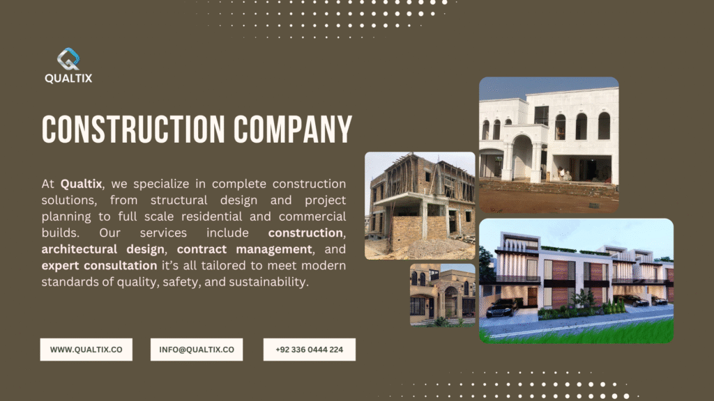 Modern residential and commercial construction projects by Qualtix in Islamabad, Rawalpindi, and Wah, showcasing architectural design and site progress.