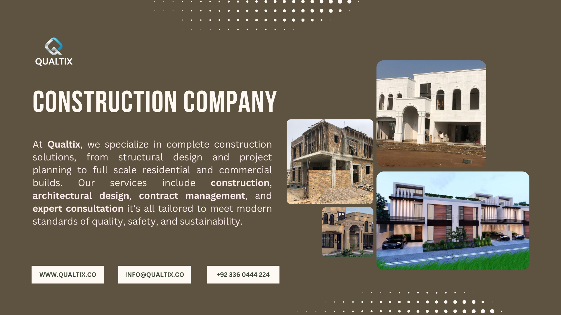 Modern residential and commercial construction projects by Qualtix in Islamabad, Rawalpindi, and Wah, showcasing architectural design and site progress.
