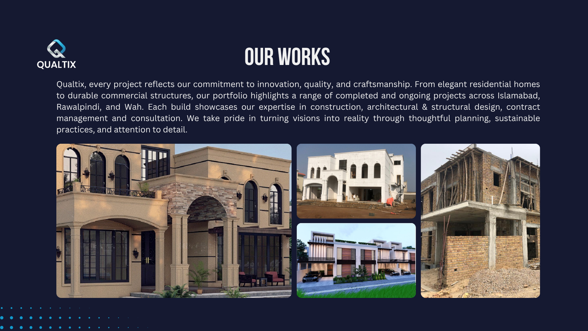 High quality residential and commercial construction project by Qualtix featuring modern architectural design in Islamabad, Rawalpindi, and Wah