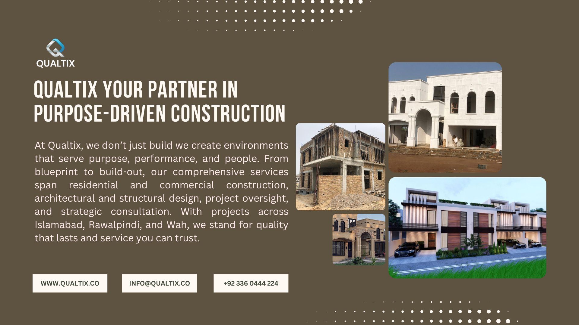 Purpose-driven construction by Qualtix showing residential and commercial building projects across Pakistan