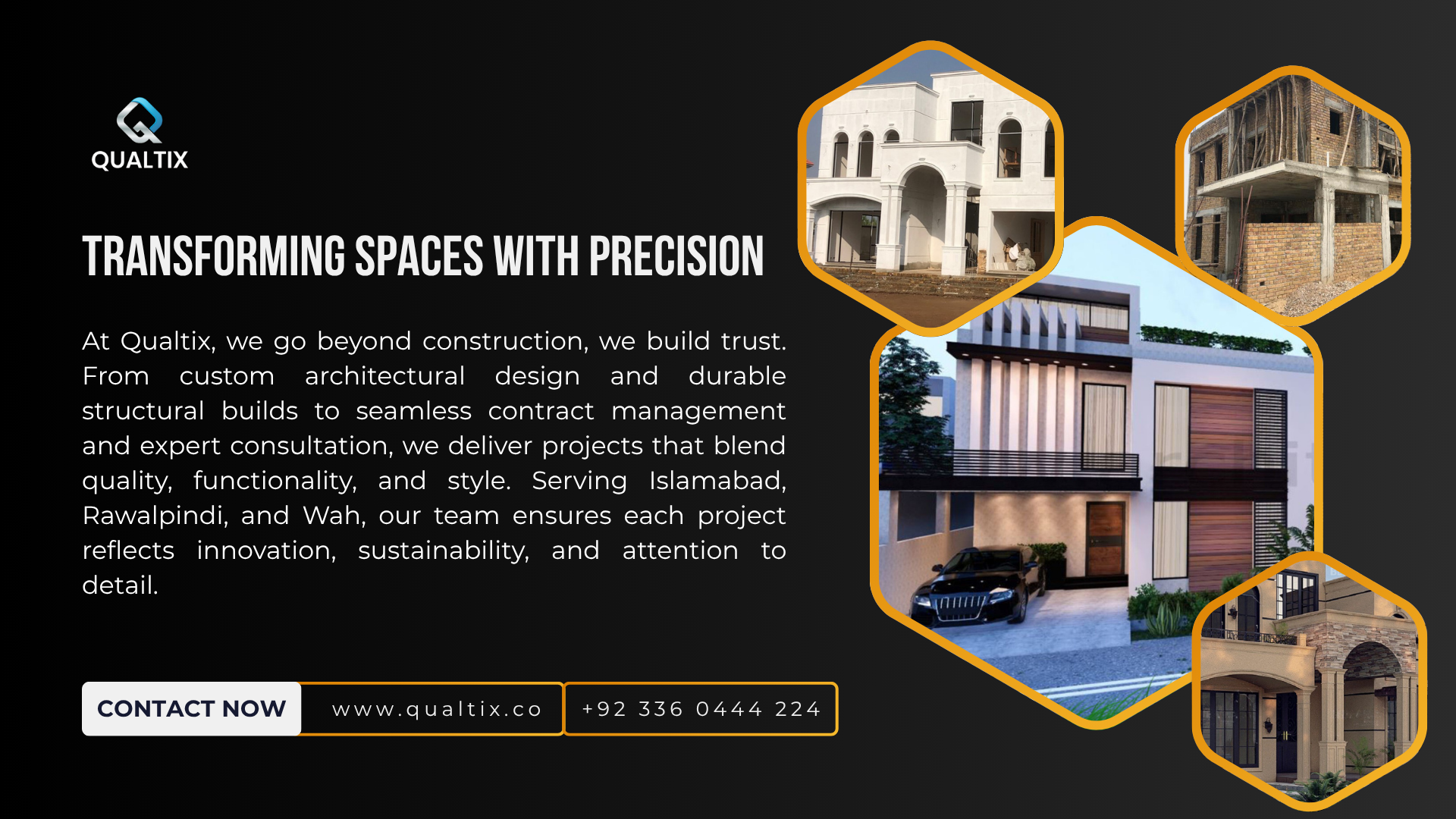 Elegant residential and commercial building designs completed by Qualtix in Pakistan, highlighting innovation, quality construction, and sustainable practices.