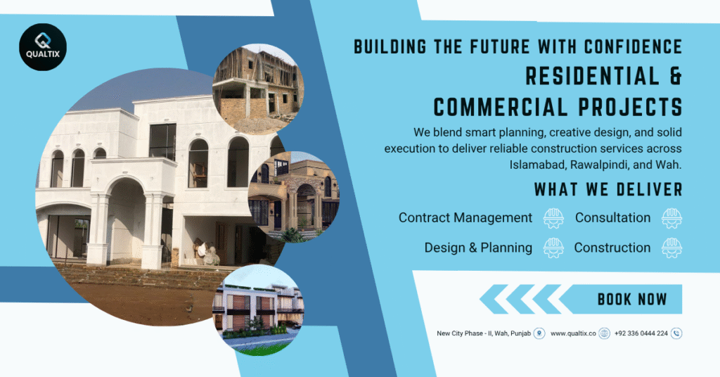 White residential building under construction with smaller commercial and design project images, labeled Qualtix Construction Services