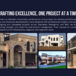 Collage of residential and commercial construction projects by Qualtix, including a rendered villa, modern homes, and buildings under construction in Pakistan.