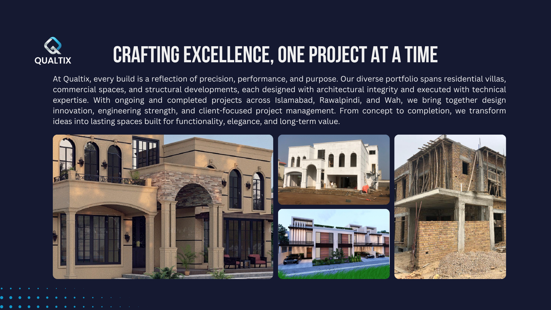 Collage of residential and commercial construction projects by Qualtix, including a rendered villa, modern homes, and buildings under construction in Pakistan.
