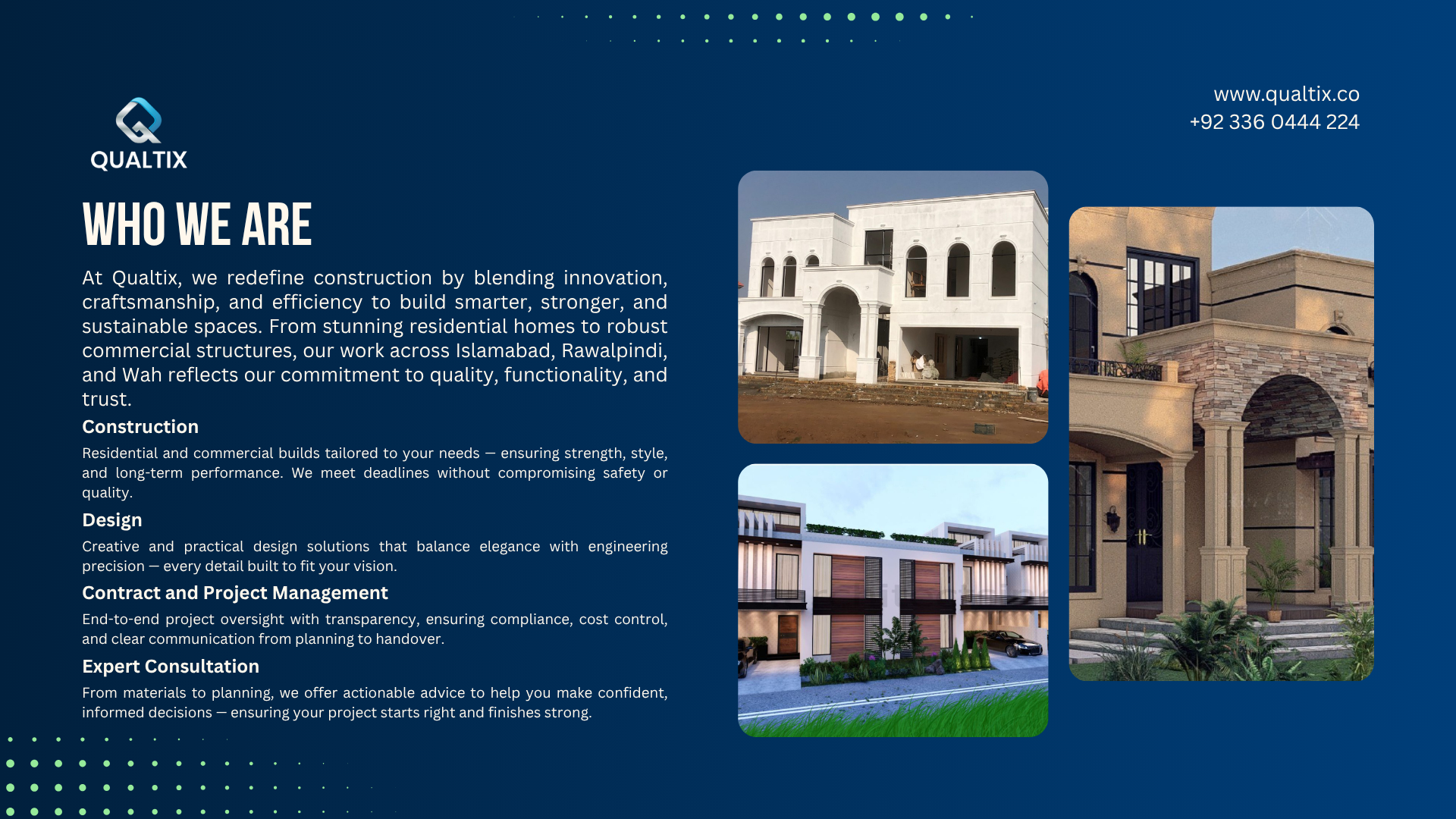 Qualtix construction service banner showing residential building projects and details about services offered in Islamabad, Rawalpindi, and Wah.